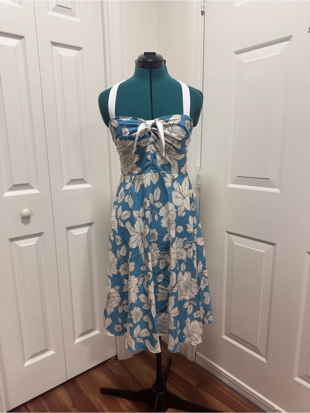 Unique Vintage Blue Floral Tie-Front Midi Dress with White Straps
